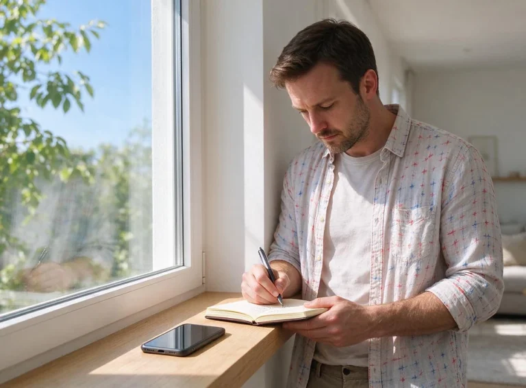 גבר עומד ליד חלון מואר, מניח את הטלפון על מדף וכותב את רגשותיו במחברת