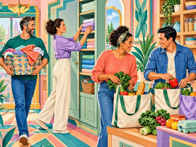 איור אר דקו צבעוני של שתי נשים ושני גברים החולקים מטלות בית בתנועה ובאווירה טבעית ושמחה