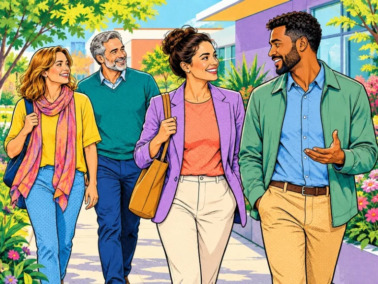 איור פופ ארט של שתי נשים ושני גברים בוגרים הולכים יחד ומשוחחים בפתיחות באווירה תומכת